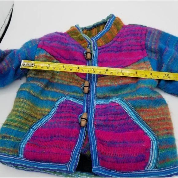 Kids Llama Fleece Jacket Striped Toggle Wool S
